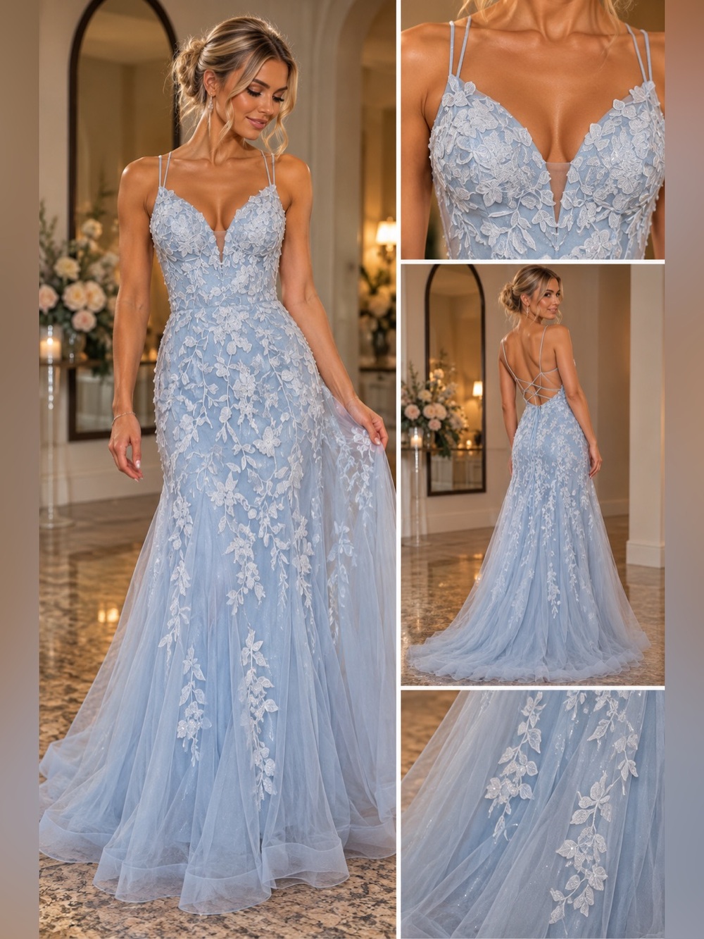 Light Blue Floral Lace Appliqué Prom Gown with Strappy Back